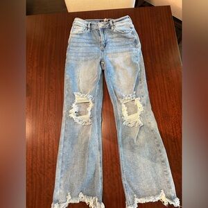 Women's Light Blue Distressed Straight Leg Jeans
